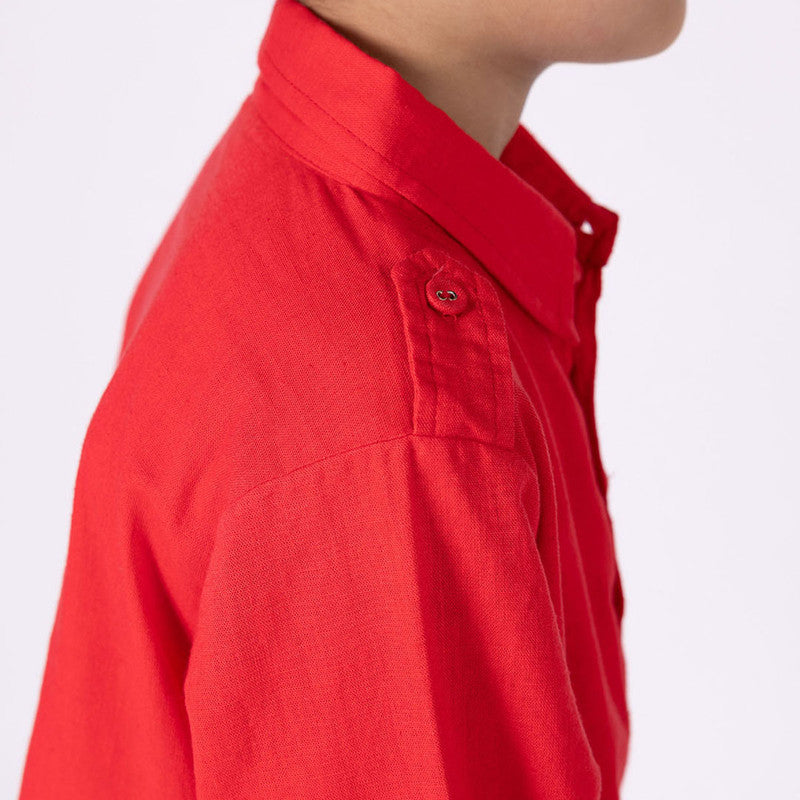 Cotton Hibiscus Kurta For Kids | Roll-Up Sleeves | Red