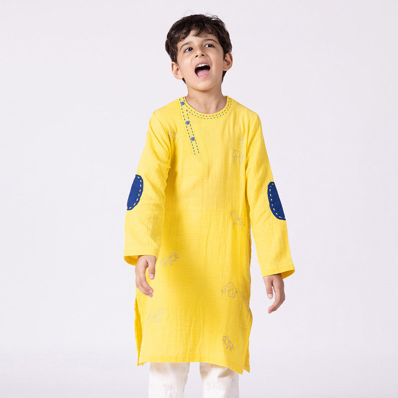 Cotton Kurta For Kids | Happy Animal | Embroidered | Yellow