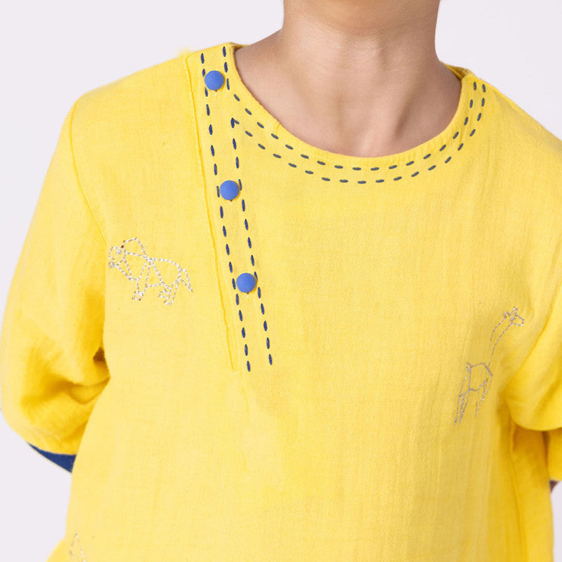 Cotton Kurta For Kids | Happy Animal | Embroidered | Yellow