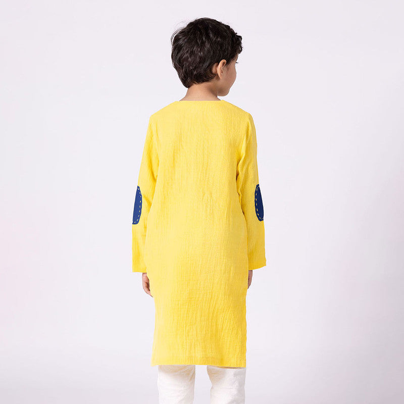 Cotton Kurta For Kids | Happy Animal | Embroidered | Yellow