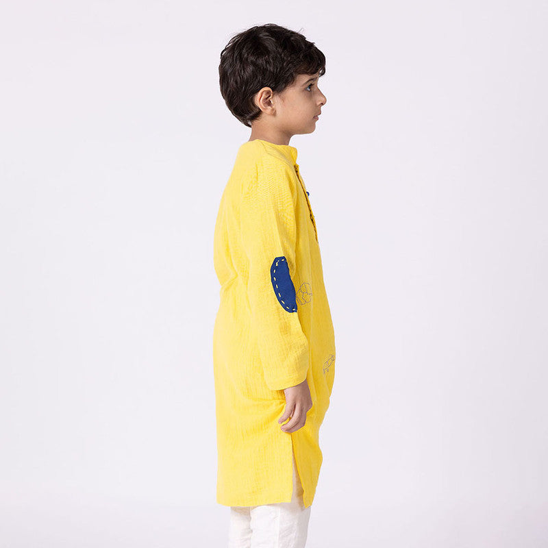 Cotton Kurta For Kids | Happy Animal | Embroidered | Yellow