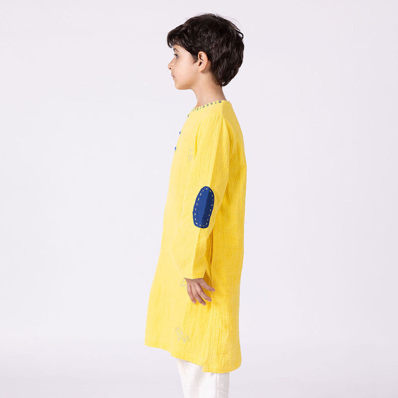 Cotton Kurta For Kids | Happy Animal | Embroidered | Yellow