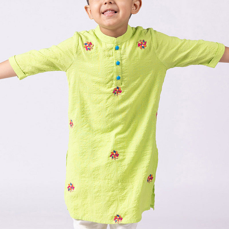 Cotton Kurta For Kids | Happy Windmill | Mandarin Collar | Green