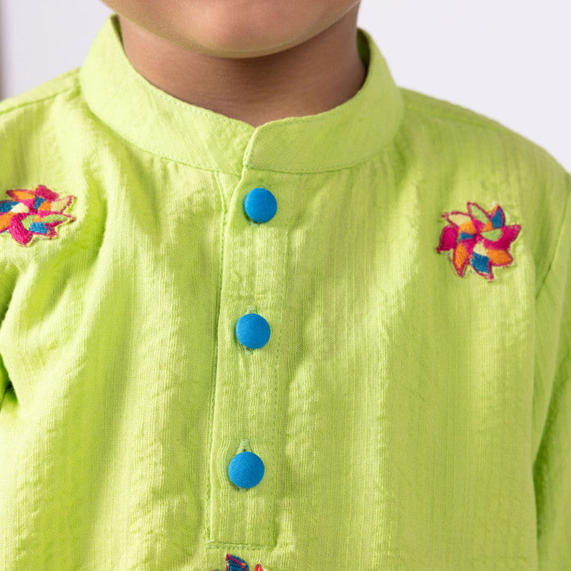 Cotton Kurta For Kids | Happy Windmill | Mandarin Collar | Green