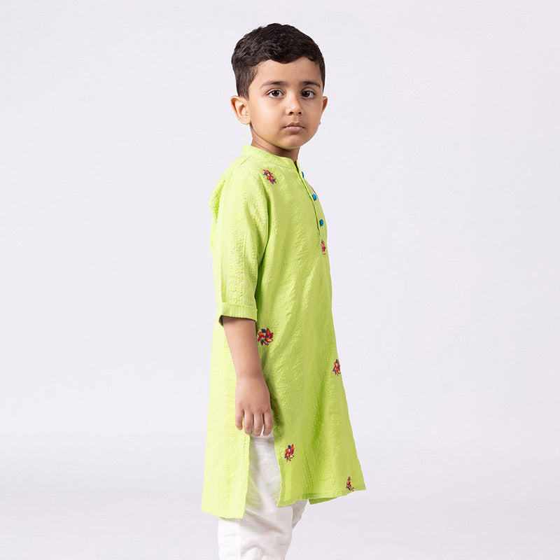 Cotton Kurta For Kids | Happy Windmill | Mandarin Collar | Green