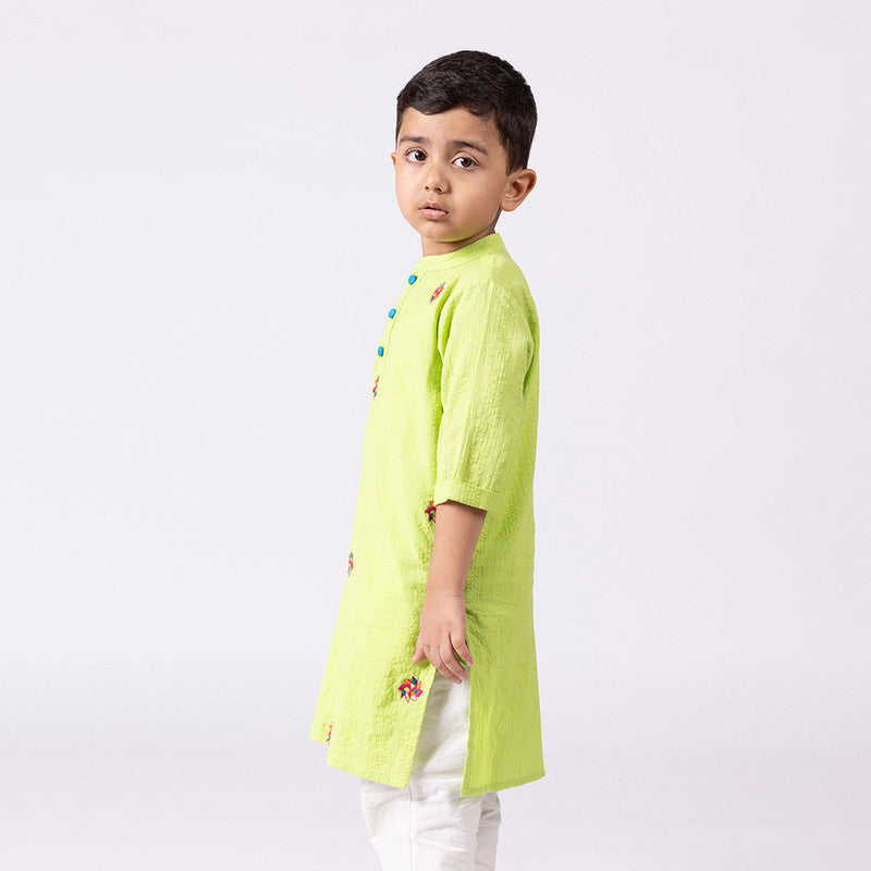 Cotton Kurta For Kids | Happy Windmill | Mandarin Collar | Green