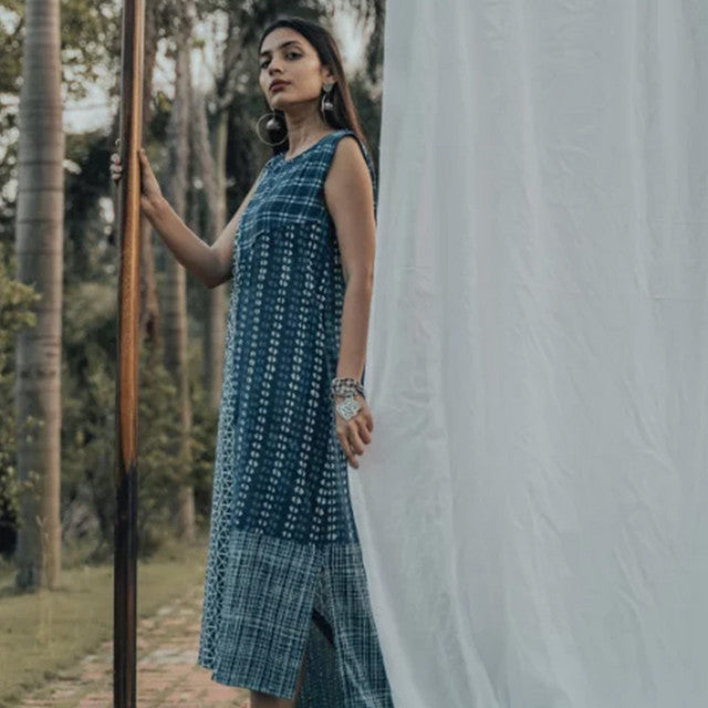 Blue Indigo Hand Block Cotton Geometric Block Print A-Line Dress