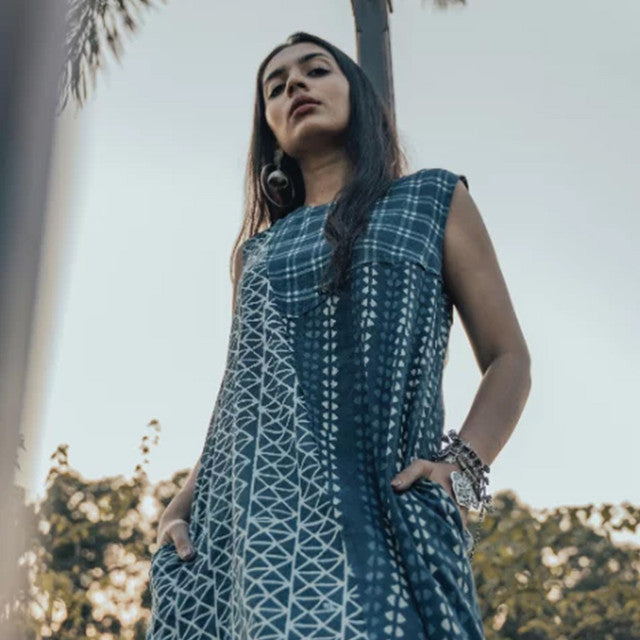 Blue Indigo Hand Block Cotton Geometric Block Print A-Line Dress