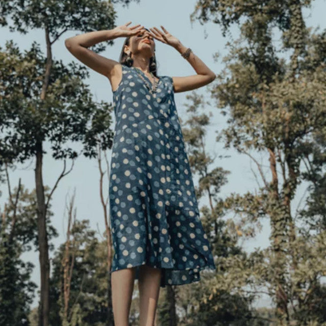 Blue Indigo Hand Block Cotton A-Line Panelled Dress