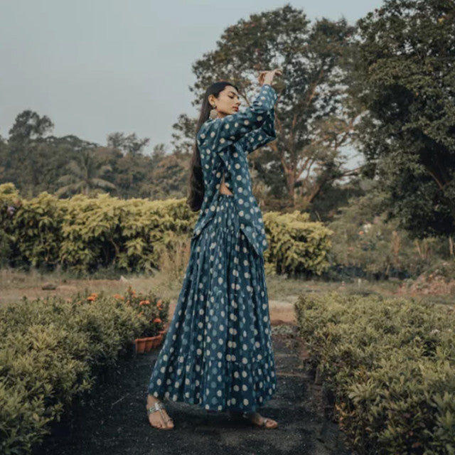 Blue Indigo Hand Block Cotton Polka Dot Shirt With Gathered Dress