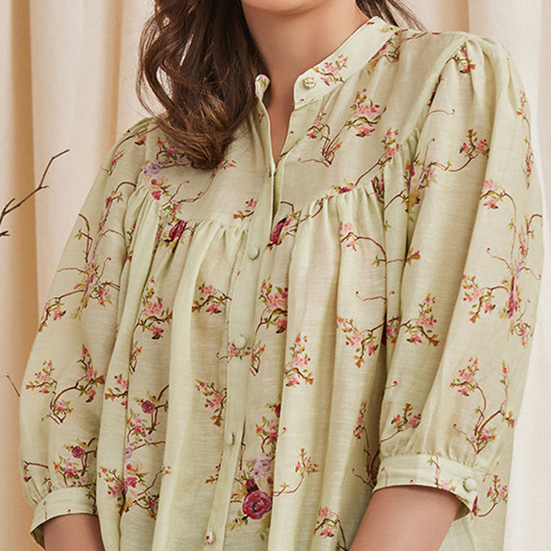 Bemberg Linen Shirt | Floral Print | Sage Green