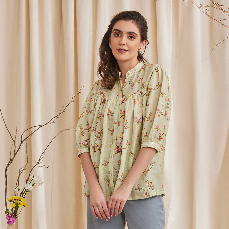 Bemberg Linen Shirt | Floral Print | Sage Green