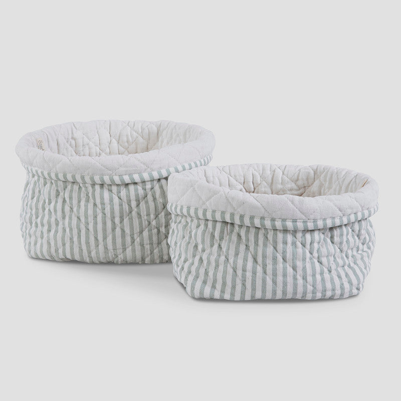 Cotton Quilted Basket Set | Soft Fern Stripes | Green