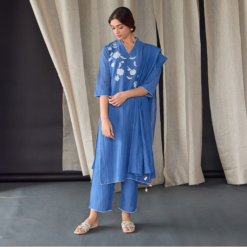 Tencel Kurta Set For Women | Kurta & Pant | Embellished | Blue