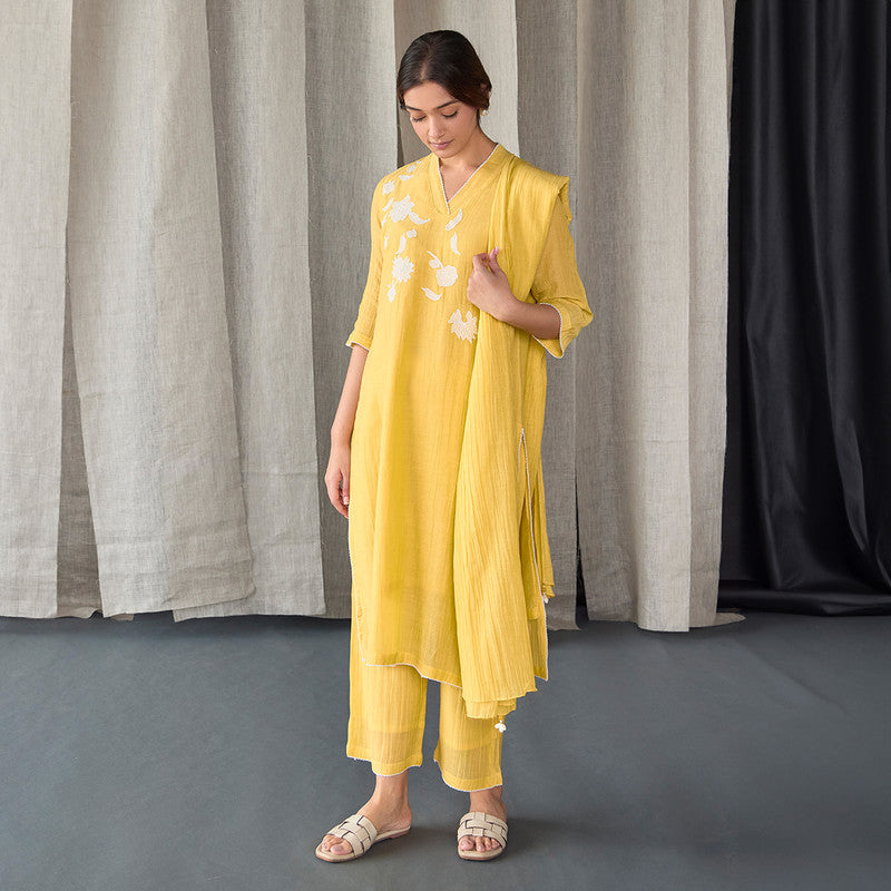 Tencel Kurta Set For Women | Kurta, Pant & Dupatta | Embellished | Yellow