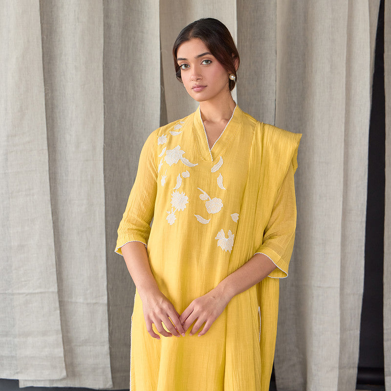 Tencel Kurta Set For Women | Kurta, Pant & Dupatta | Embellished | Yellow