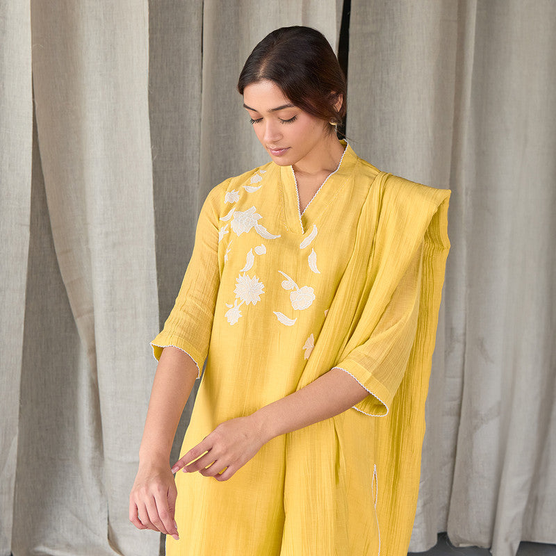 Tencel Kurta Set For Women | Kurta, Pant & Dupatta | Embellished | Yellow