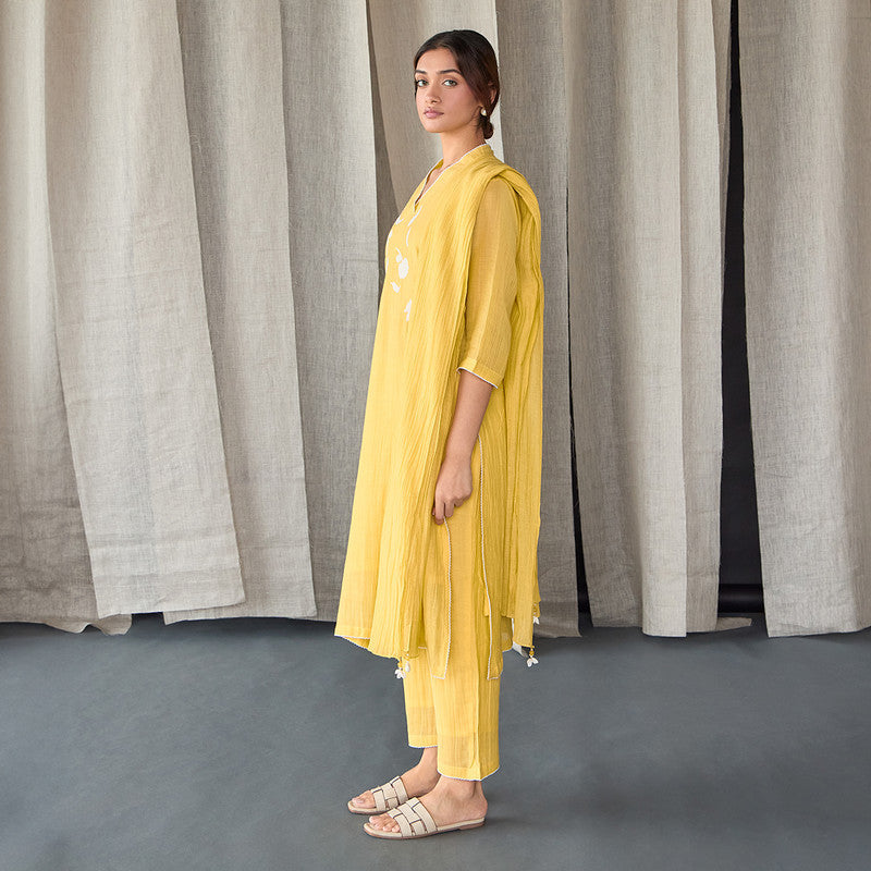 Tencel Kurta Set For Women | Kurta, Pant & Dupatta | Embellished | Yellow