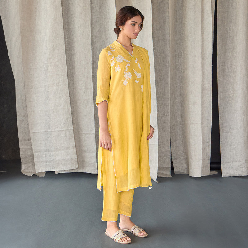 Tencel Kurta Set For Women | Kurta, Pant & Dupatta | Embellished | Yellow