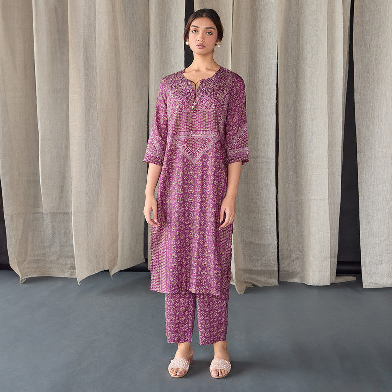 Tencel Kurta Set For Women | Kurta & Pant | Printed | Wine