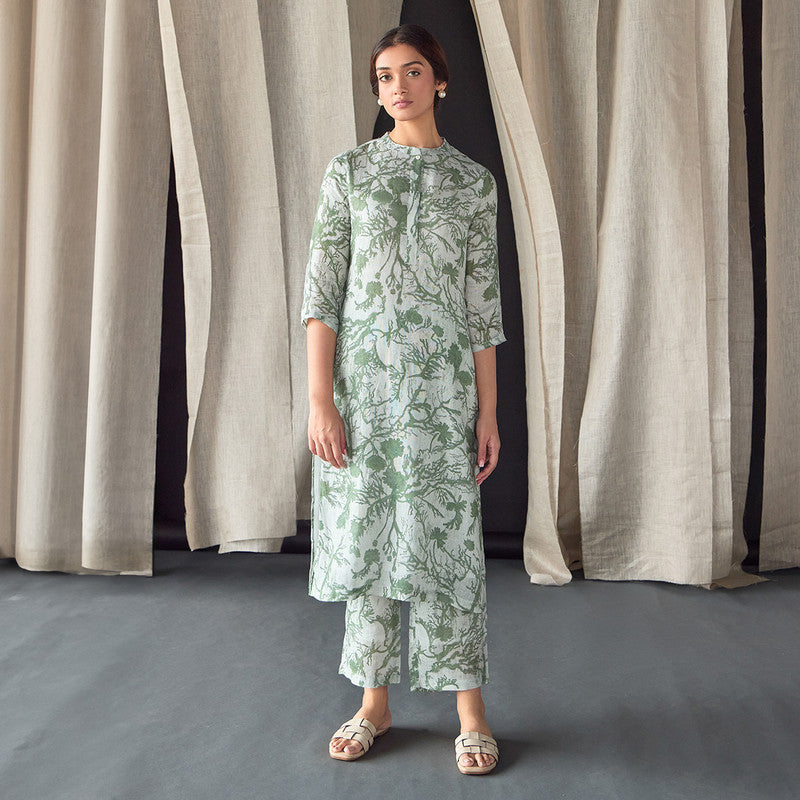 Hemp Kurta Set For Women | Kurta & Pant | Printed | Green