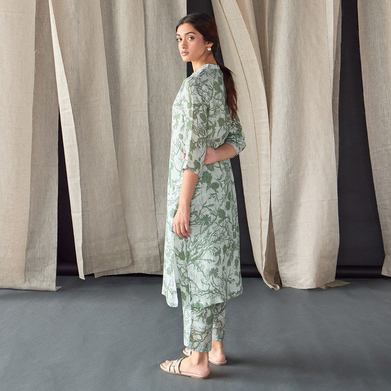 Hemp Kurta Set For Women | Kurta & Pant | Printed | Green