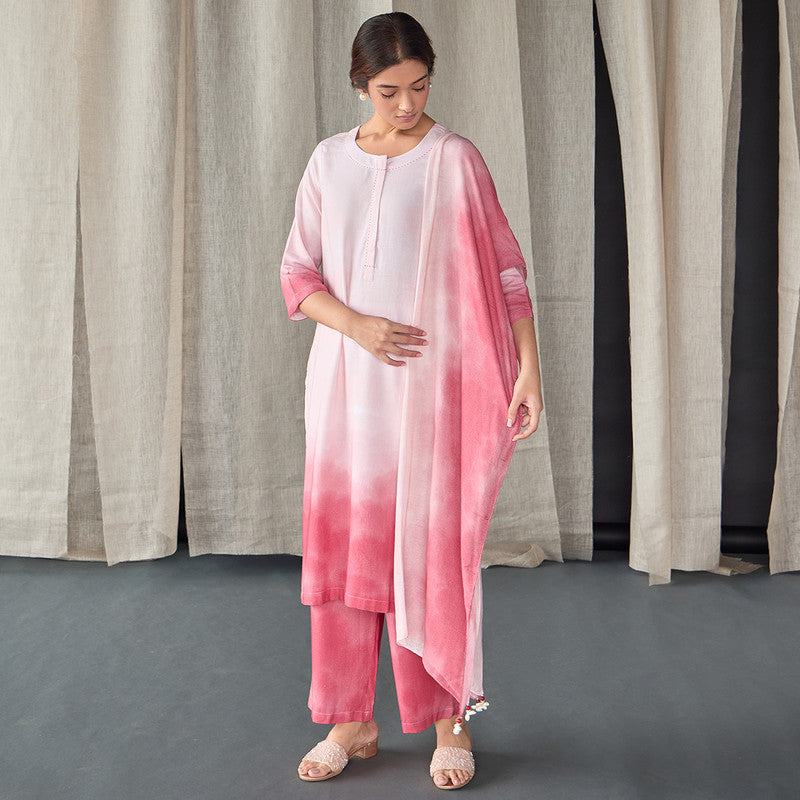 Tencel Linen Kurta Set For Women | Kurta, Pant & Dupatta | Pink