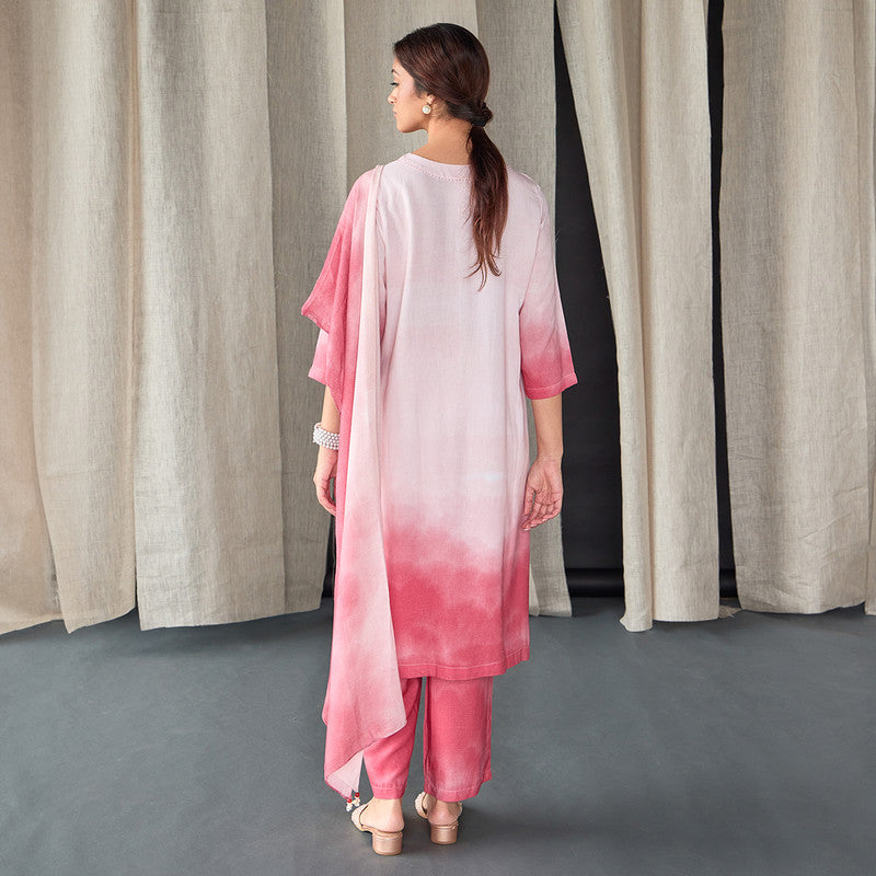 Tencel Linen Kurta Set For Women | Kurta, Pant & Dupatta | Pink