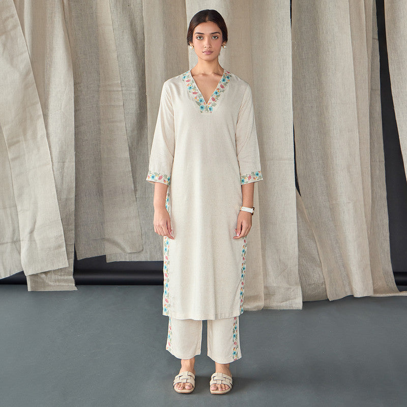 Tencel Linen Kurta Set For Women | Kurta & Pant | Embroidered | Blue