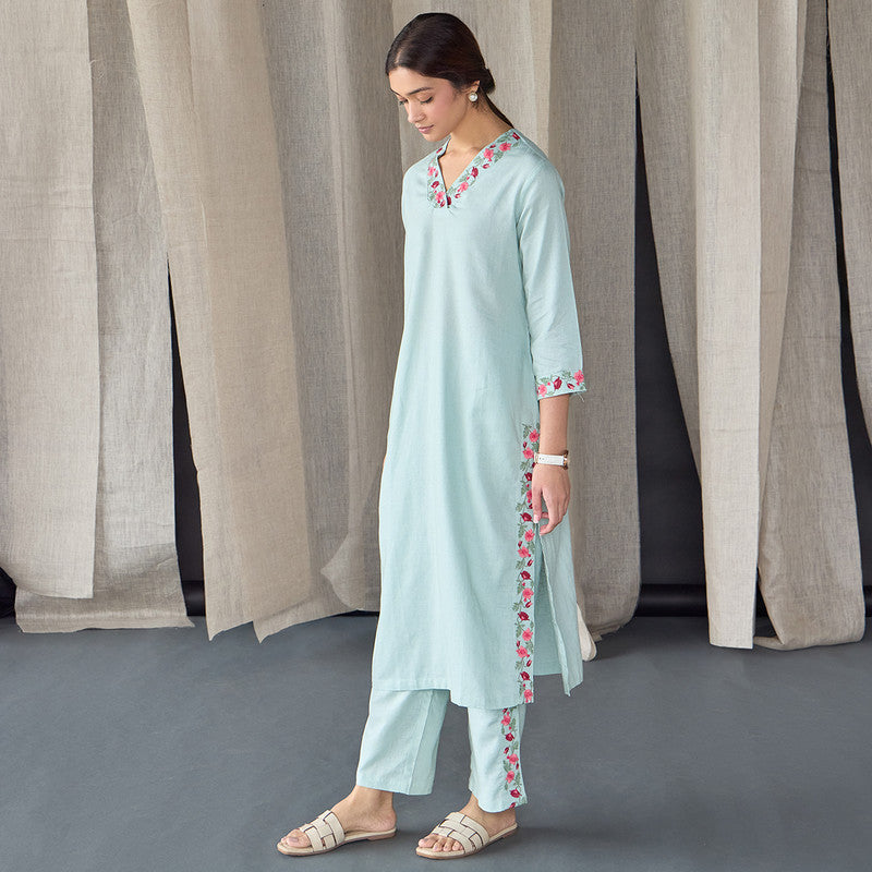 Tencel Kurta Set For Women | Kurta & Pant | Embroidered | Blue