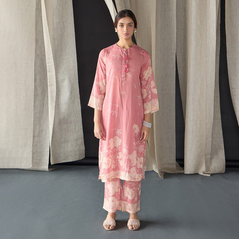 Tencel Kurta Set For Women | Kurta & Pant | Floral Print | Pink