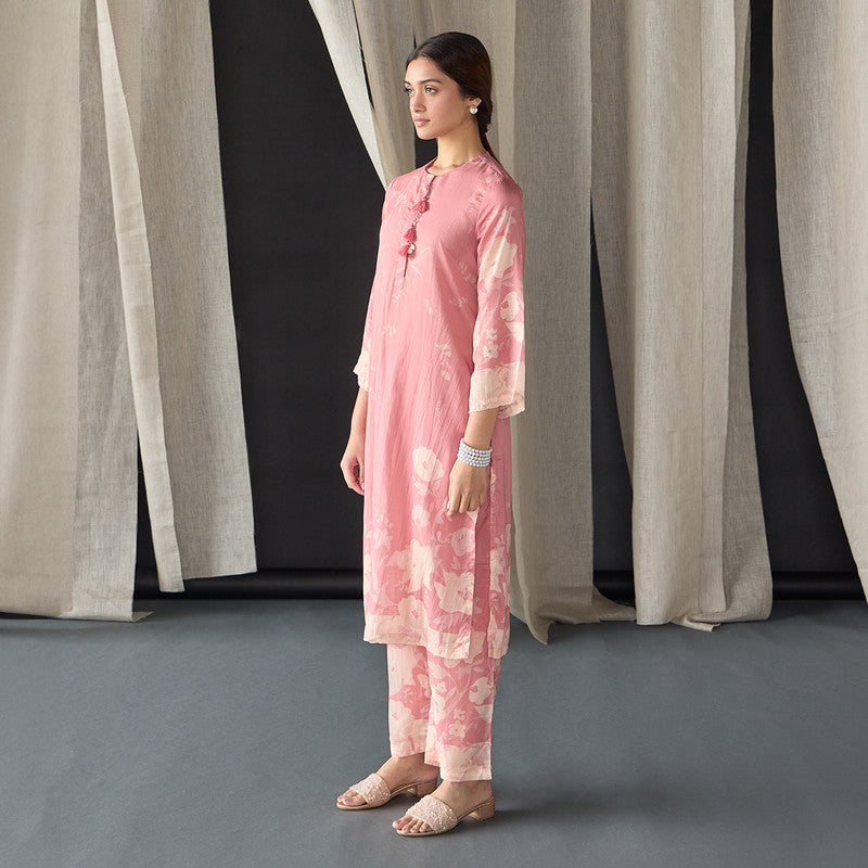 Tencel Kurta Set For Women | Kurta & Pant | Floral Print | Pink