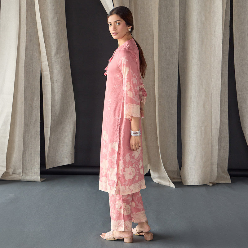 Tencel Kurta Set For Women | Kurta & Pant | Floral Print | Pink