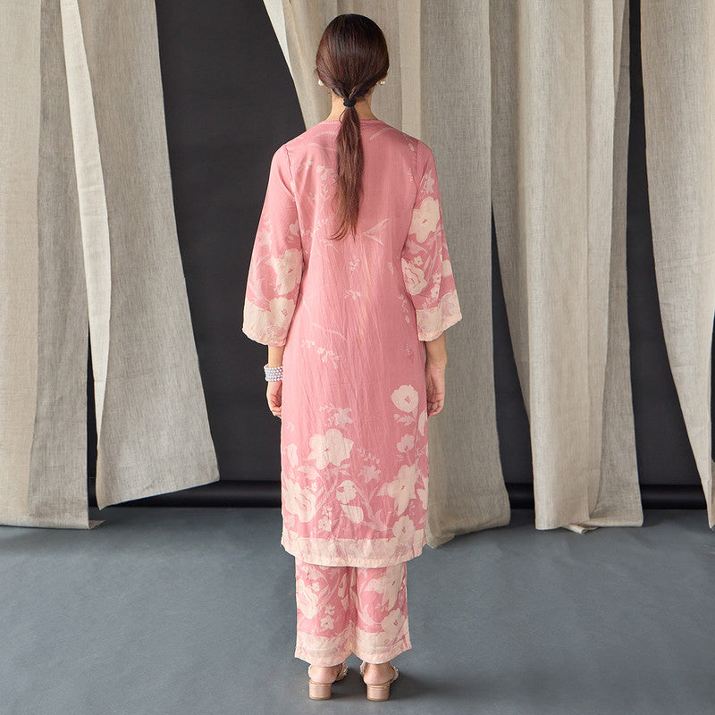 Tencel Kurta Set For Women | Kurta & Pant | Floral Print | Pink