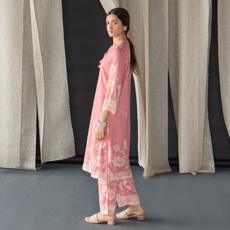 Tencel Kurta Set For Women | Kurta & Pant | Floral Print | Pink