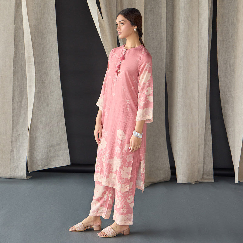 Tencel Kurta Set For Women | Kurta & Pant | Floral Print | Pink