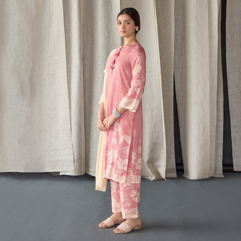 Tencel Kurta Set For Women | Kurta, Pant & Dupatta | Floral Print | Pink