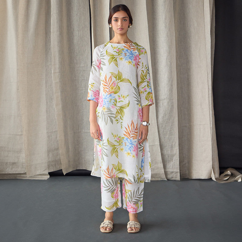 Hemp Kurta Set For Women | Kurta & Pant | Floral Print | Off White