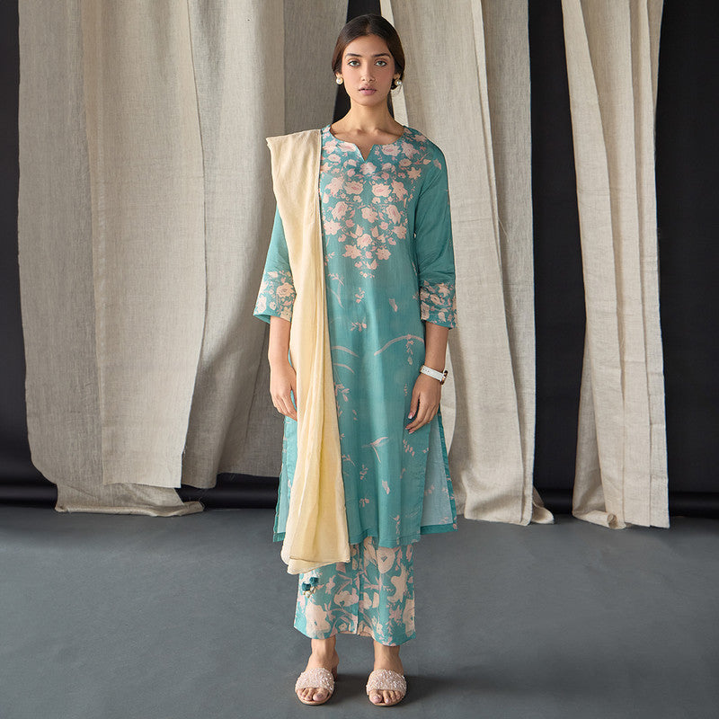 Tencel Linen Kurta Set For Women | Kurta, Pant & Dupatta | Printed | Blue