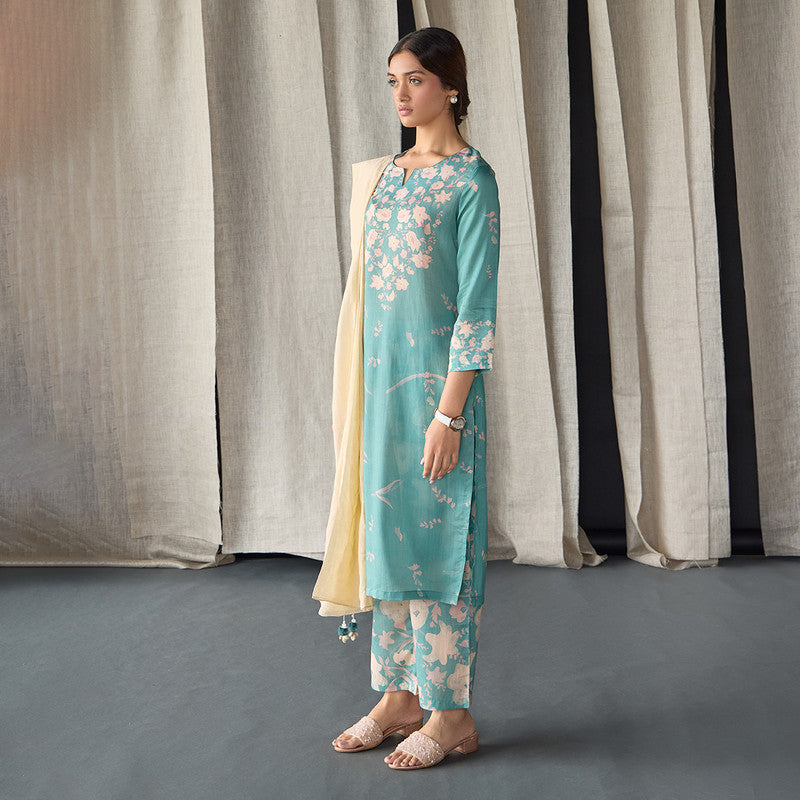 Tencel Linen Kurta Set For Women | Kurta, Pant & Dupatta | Printed | Blue