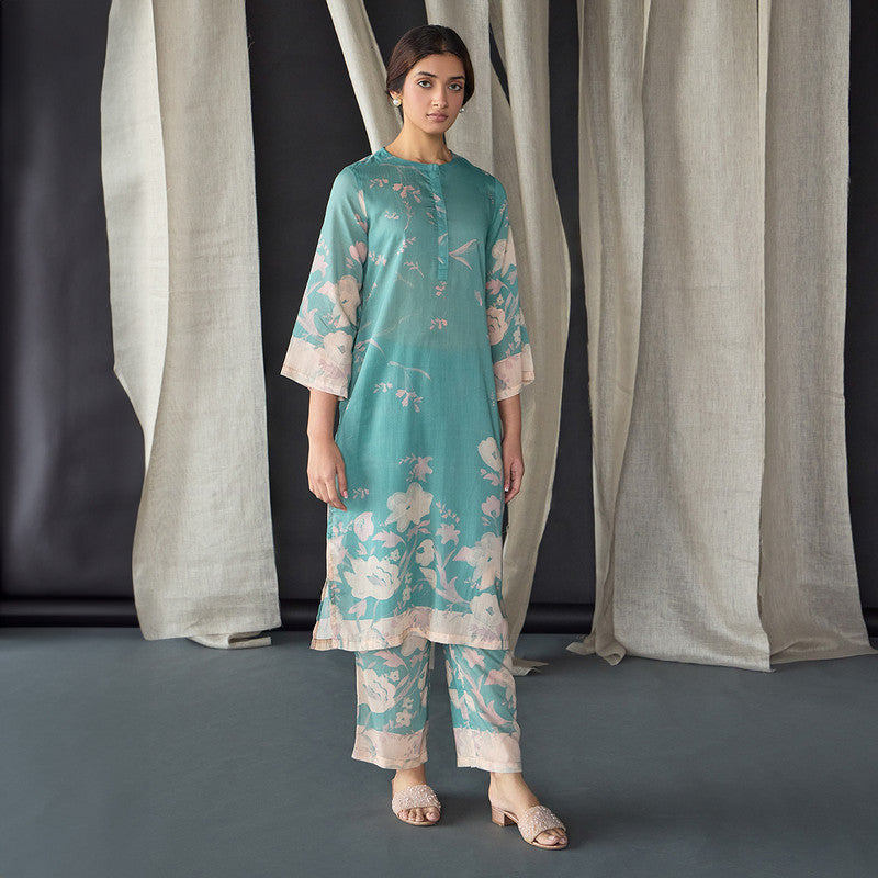 Tencel Kurta Set For Women | Kurta & Pant | Printed | Blue