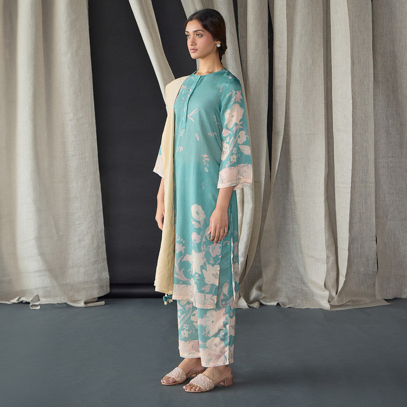 Tencel Kurta Set For Women | Kurta, Pant & Dupatta | Floral Print | Blue