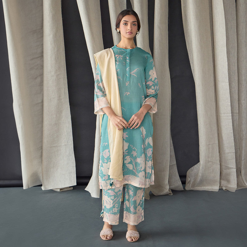 Tencel Kurta Set For Women | Kurta, Pant & Dupatta | Floral Print | Blue