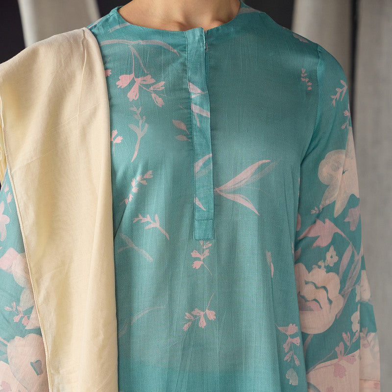 Tencel Kurta Set For Women | Kurta, Pant & Dupatta | Floral Print | Blue