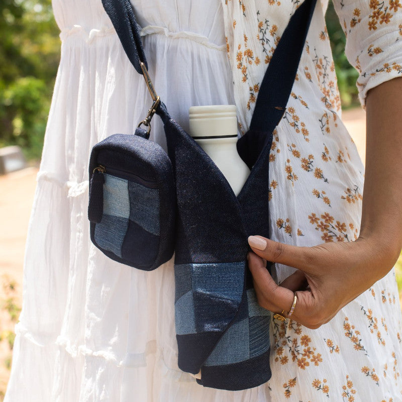 Upcycled Denim Bottle Holder Bag with Pouch | Blue | Unisex