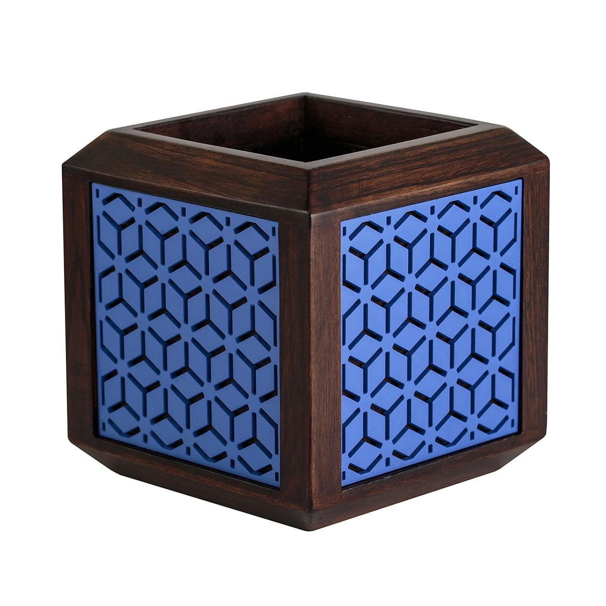 QUBO Placid Boxy Blue Handmade Wooden Indoor Planter Floral Pattern Durable Plant Pot