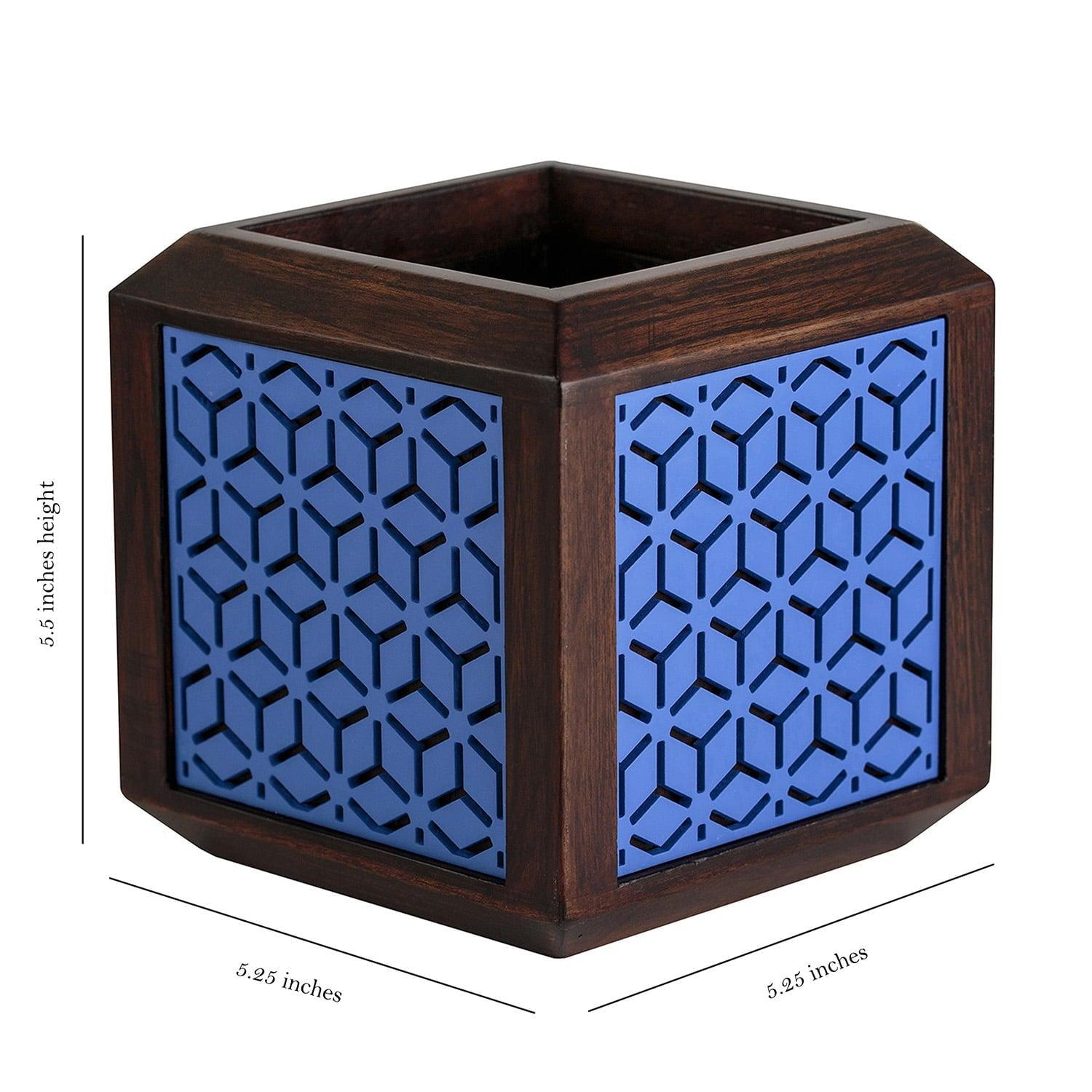 QUBO Placid Boxy Blue Handmade Wooden Indoor Planter Floral Pattern Durable Plant Pot