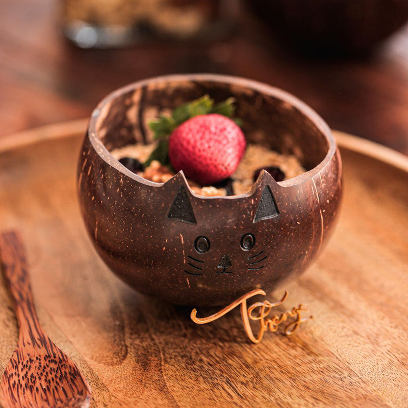 Coconut Shell Serving Bowl For Kids | Cat Design | 350 ml