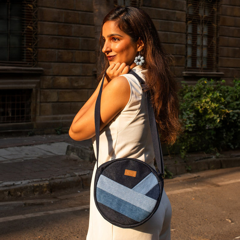 Upcycled Denim Sling Bag | Diagonal Striped | Blue | Women