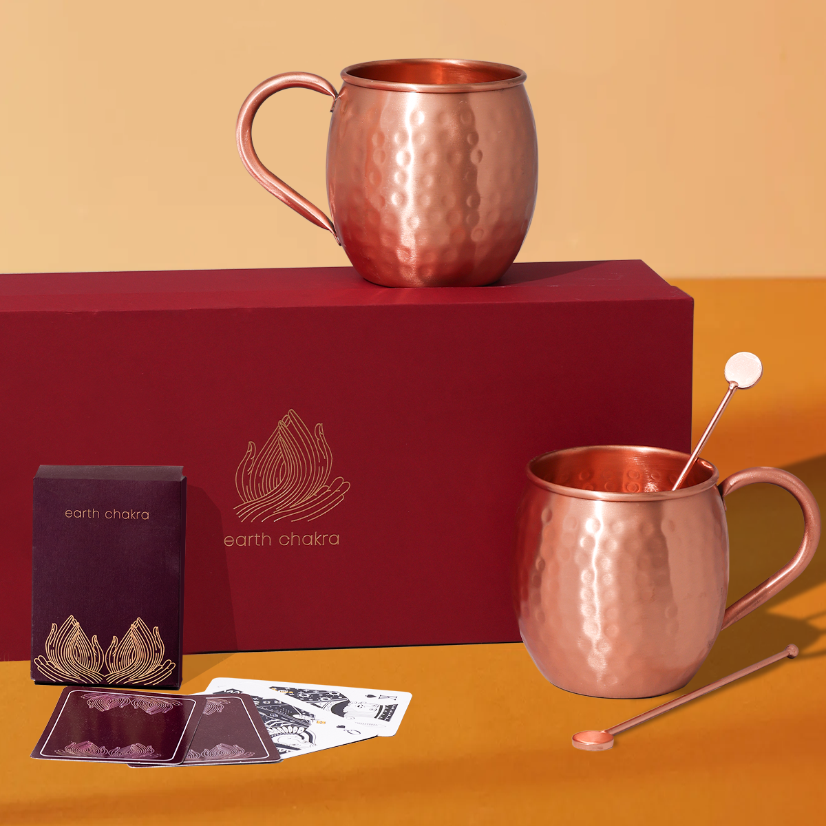 Copper Mugs with Stirrers and Playing Cards | Game Night Combo | Gift Hamper